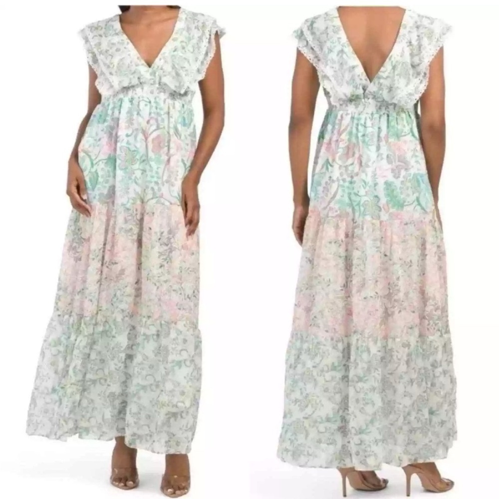 House Of Harlow 1960 x Revolve Tiered Ruffle Pastel Paisley Maxi Dress size med - Picture 3 of 14